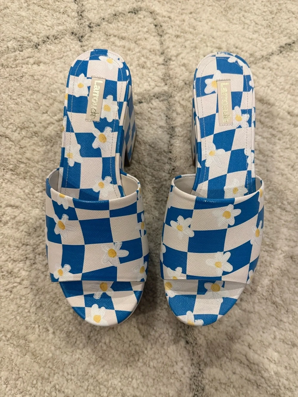 Larroude Blue & White Daisy Checker Platform Slide Sandals Size 8.5 NEW WITH TAG